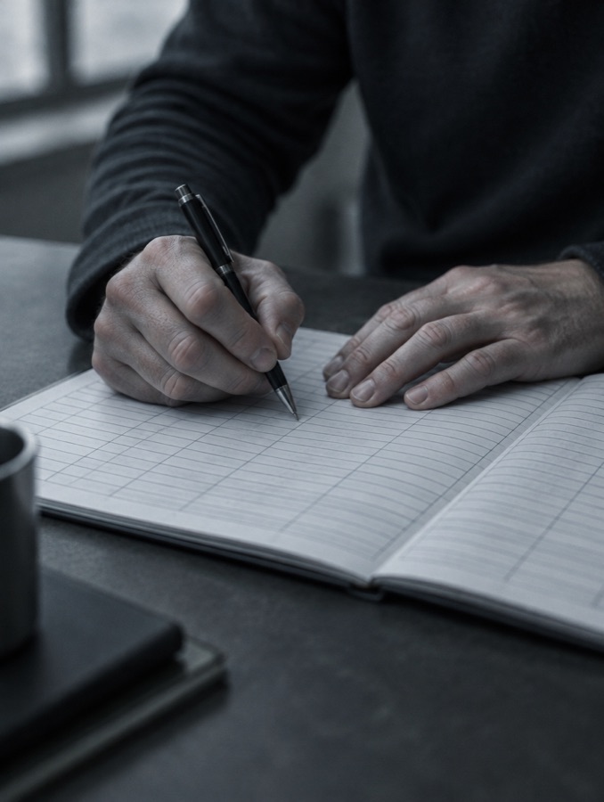 Hands annotating a paper record of duty status.
