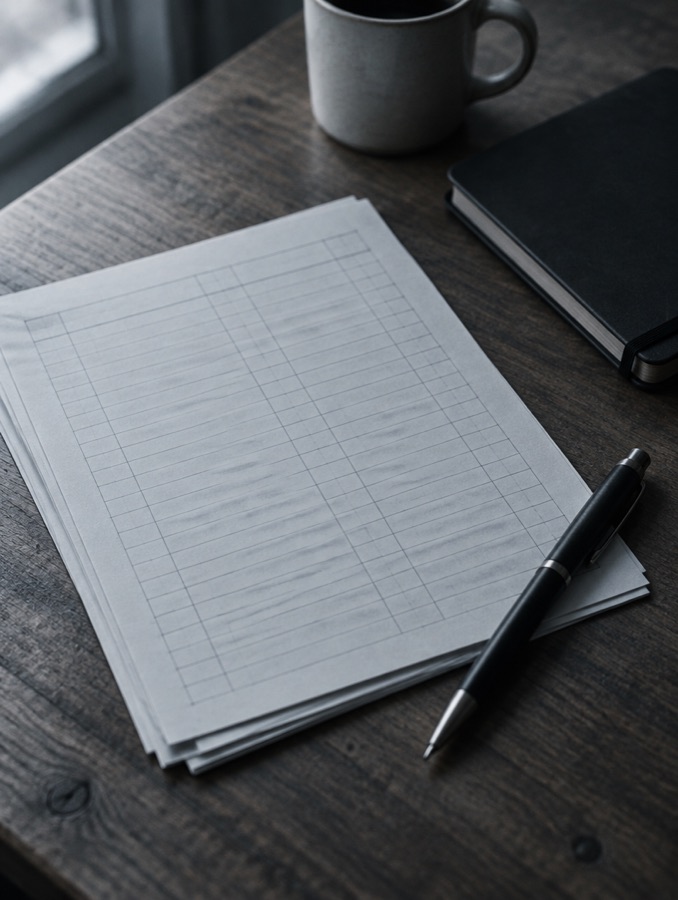 Driver log sheets and a notebook on a desk.