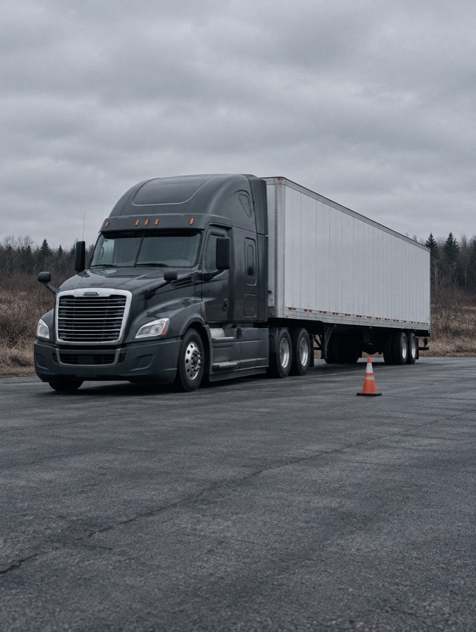 A tractor trailer parked on a roadside inspection apron.